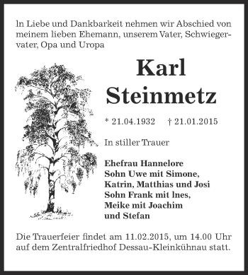 Traueranzeige von Karl Steinmetz von WVG - Wochenspiegel Dessau / Köthen