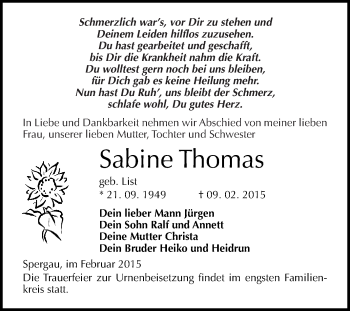 Traueranzeige von Sabine Thomas von WVG - Wochenspiegel Merseburg