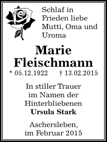 Traueranzeige von Marie Fleischmann von Mitteldeutsche Zeitung Aschersleben