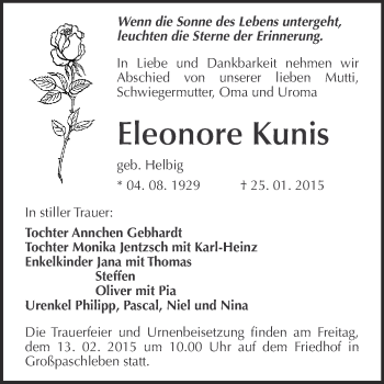 Traueranzeige von Eleonore Kunis von WVG - Wochenspiegel Dessau / Köthen