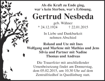Traueranzeige von Gertrud Nesbeda von WVG - Wochenspiegel Quedlinburg