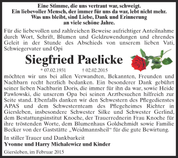 Traueranzeige von Siegfried Paelicke von WVG - Wochenspiegel Aschersleben