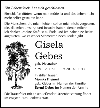 Traueranzeige von Gisela Gebes von Mitteldeutsche Zeitung Halle/Saalkreis