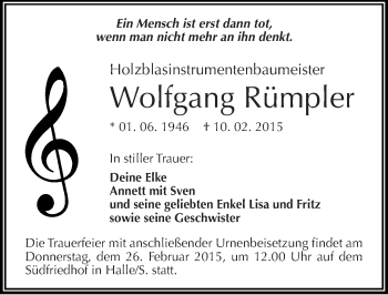 Traueranzeige von Wolfgang Rümpler von Mitteldeutsche Zeitung Halle/Saalkreis