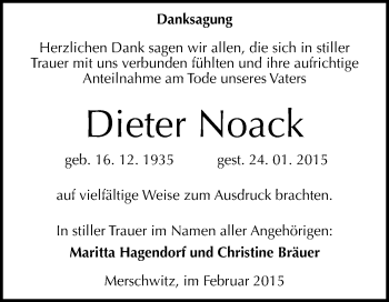 Traueranzeige von Dieter Noack von WVG - Wochenspiegel Wittenberg