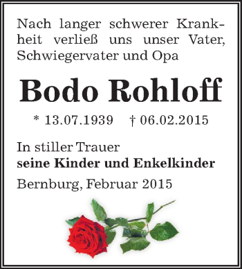 Traueranzeige von Bodo Rohloff von Mitteldeutsche Zeitung Bernburg