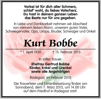 Traueranzeige von Kurt Bobbe von Mitteldeutsche Zeitung Köthen