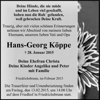 Traueranzeige von Hans-Georg Köppe von WVG - Wochenspiegel Quedlinburg