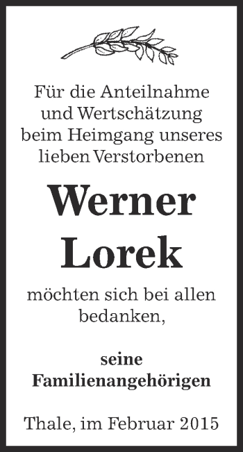 Traueranzeige von Werner Lorek von Super Sonntag Aschersleben