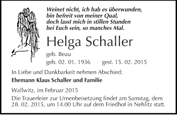 Traueranzeige von Helga Schaller von Mitteldeutsche Zeitung Halle/Saalkreis