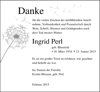 Traueranzeige von Ingrid Perl von Mitteldeutsche Zeitung Merseburg/Querfurt