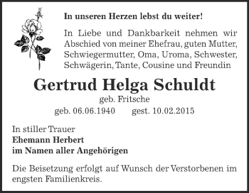 Traueranzeige von Gertrud Helga Schuldt von Super Sonntag Bernburg