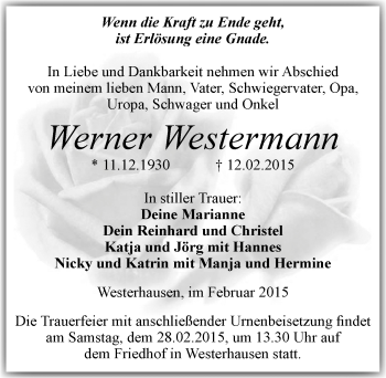 Traueranzeige von Werner Westermann von Mitteldeutsche Zeitung Quedlinburg
