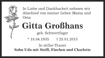Traueranzeige von Gitta Großhans von WVG - Wochenspiegel Dessau / Köthen