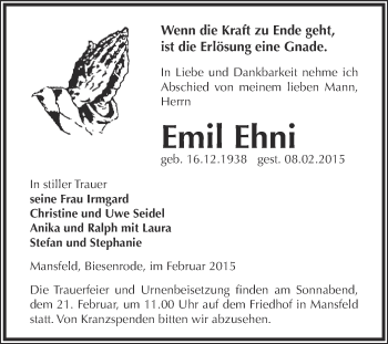 Traueranzeige von Emil Ehni von Wochenspiegel Mansfelder Land