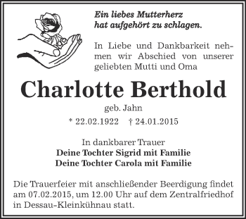 Traueranzeige von Charlotte Berthold von WVG - Wochenspiegel Dessau / Köthen