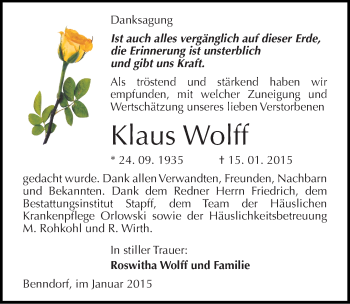Traueranzeige von Klaus Wolff von Mitteldeutsche Zeitung Mansfelder Land