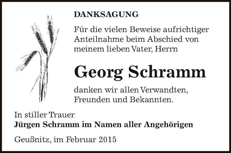  Traueranzeige für Georg Schramm vom 22.02.2015 aus Super Sonntag Zeitz
