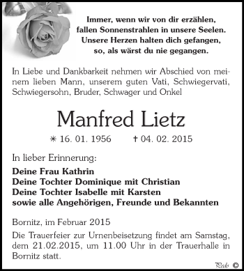Traueranzeige von Manfred Lietz von Super Sonntag Zeitz