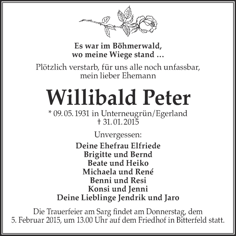  Traueranzeige für Willibald Peter vom 04.02.2015 aus WVG - Wochenspiegel Bitterfeld