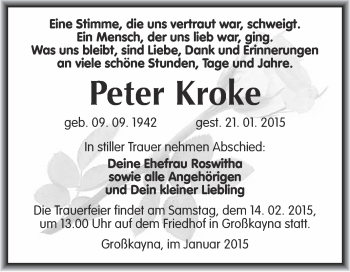 Traueranzeige von Peter Kroke von WVG - Wochenspiegel Merseburg