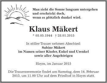 Traueranzeige von Klaus Mäkert von Super Sonntag Aschersleben