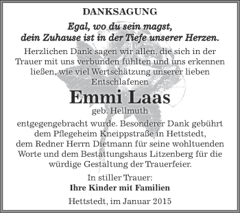 Traueranzeige von Emmi Laas von Wochenspiegel Mansfelder Land