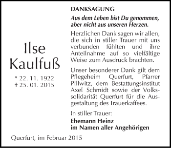 Traueranzeige von Ilse Kaulfuß von Mitteldeutsche Zeitung Merseburg/Querfurt