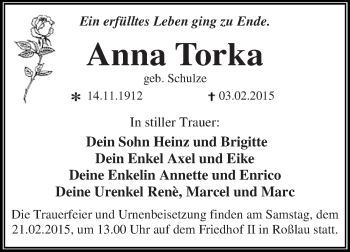 Traueranzeige von Anna Torka von WVG - Wochenspiegel Dessau / Köthen