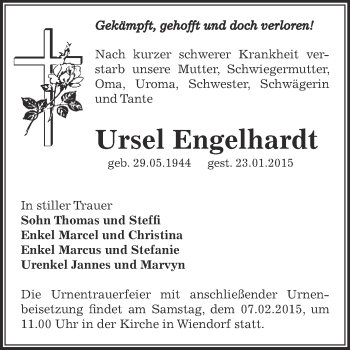 Traueranzeige von Ursel Engelhardt von Super Sonntag Bernburg