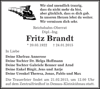 Traueranzeige von Fritz Brandt von WVG - Wochenspiegel Dessau / Köthen