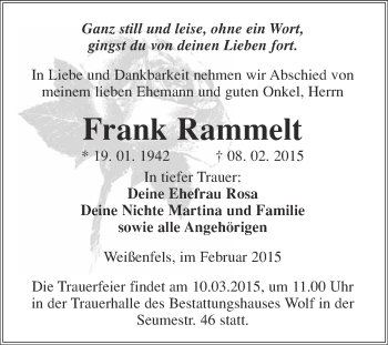 Traueranzeige von Frank Rammelt von WVG - Wochenspiegel NMB / WSF / ZTZ