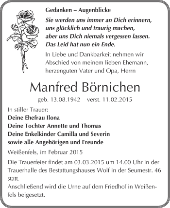 Traueranzeige von Manfred Börnichen von WVG - Wochenspiegel NMB / WSF / ZTZ