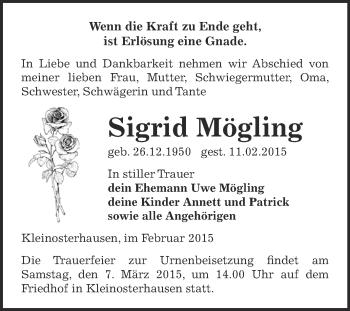 Traueranzeige von Sigrid Mögling von Wochenspiegel Mansfelder Land