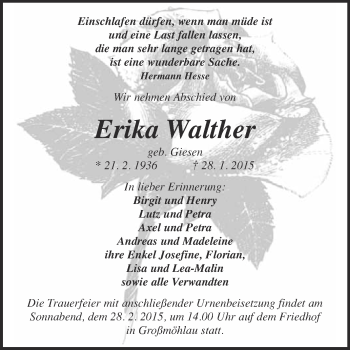 Traueranzeige von Erika Walther von WVG - Wochenspiegel Wittenberg