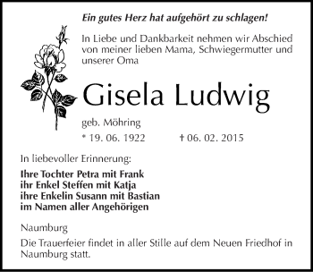 Traueranzeige von Gisela Ludwig von Mitteldeutsche Zeitung Naumburg/Nebra