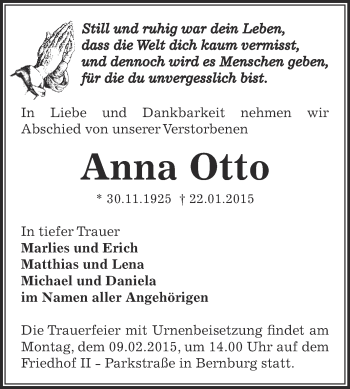 Traueranzeige von Anna Otto von Super Sonntag Bernburg