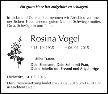 Traueranzeige von Rosina Vogel von Mitteldeutsche Zeitung Weißenfels