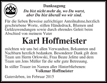 Traueranzeige von Karl Hoffmeister von Super Sonntag Aschersleben