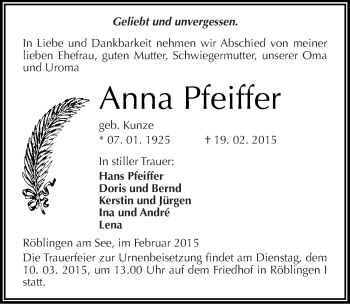 Traueranzeige von Anna Pfeiffer von Mitteldeutsche Zeitung Mansfelder Land