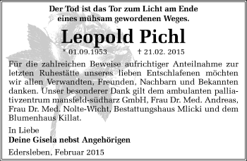 Traueranzeige von Leopold Pichl von Mitteldeutsche Zeitung Sangerhausen