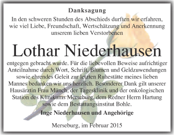 Traueranzeige von Lothar Niederhausen von Super Sonntag Merseburg