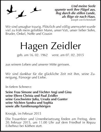 Traueranzeige von Hagen Zeidler von Mitteldeutsche Zeitung Bitterfeld
