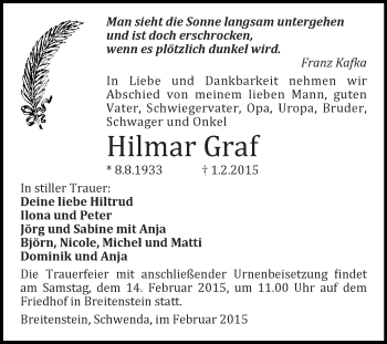 Traueranzeige von Hilmar Graf von WVG - Wochenspiegel Quedlinburg