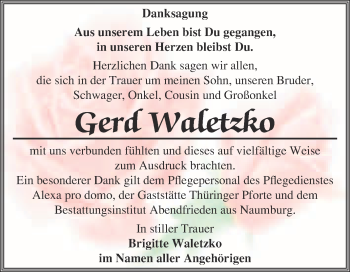 Traueranzeige von Gerd Waletzko von WVG - Wochenspiegel NMB / WSF / ZTZ