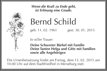 Traueranzeige von Bernd Schild von WVG - Wochenspiegel Merseburg