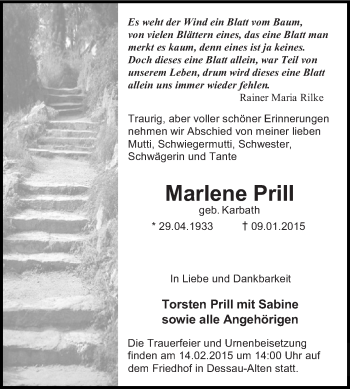 Traueranzeige von Marlene Prill von WVG - Wochenspiegel Dessau / Köthen