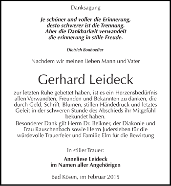 Traueranzeige von Gerhard Leideck von Mitteldeutsche Zeitung Naumburg/Nebra