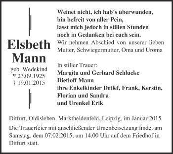 Traueranzeige von Elsbeth Mann von WVG - Wochenspiegel Quedlinburg
