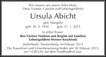 Traueranzeige von Ursula Abicht von Mitteldeutsche Zeitung Halle/Saalkreis